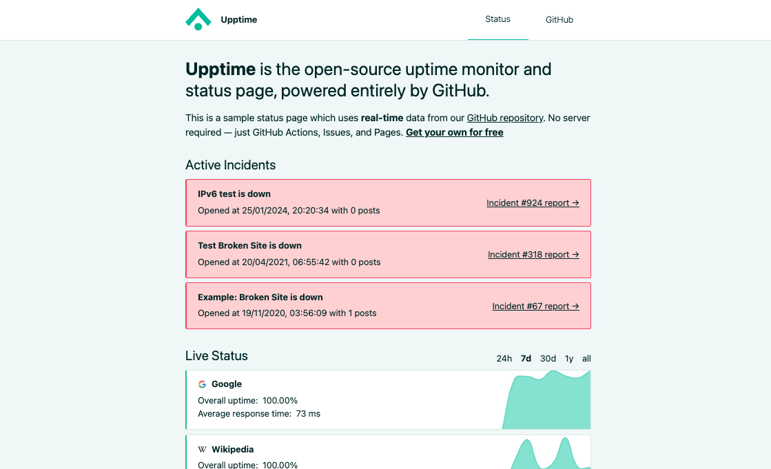 Screenshot of service status page